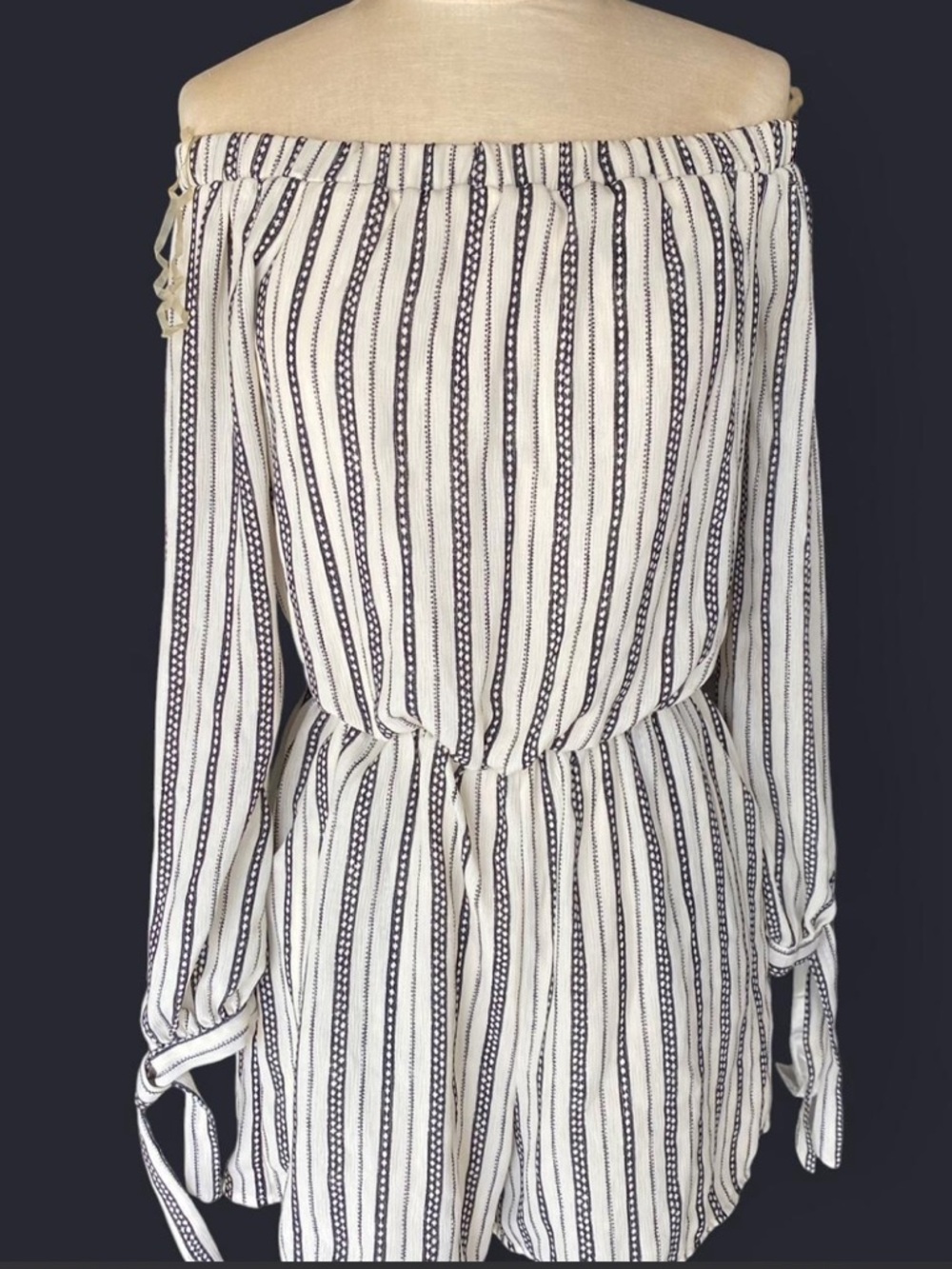 Maurices Striped Cream and Black Off-Shoulder Romper